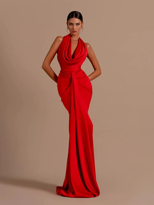 Sexy Swinging Collar Backless Pleated Long Dress Draped Design Christmas Party Dress