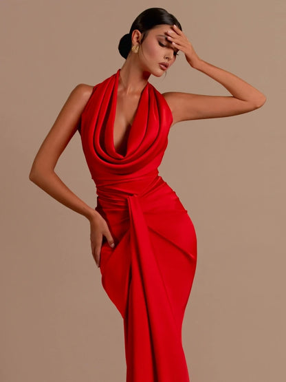 Sexy Swinging Collar Backless Pleated Long Dress Draped Design Christmas Party Dress