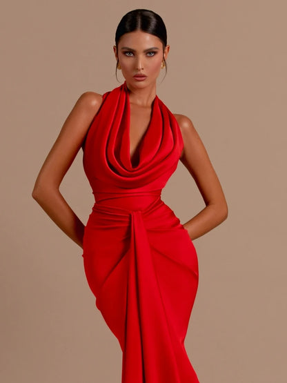 Sexy Swinging Collar Backless Pleated Long Dress Draped Design Christmas Party Dress