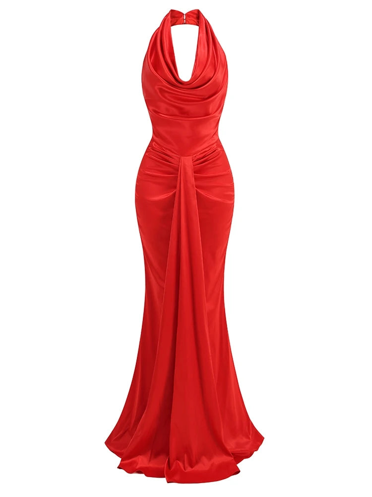 Sexy Swinging Collar Backless Pleated Long Dress Draped Design Christmas Party Dress