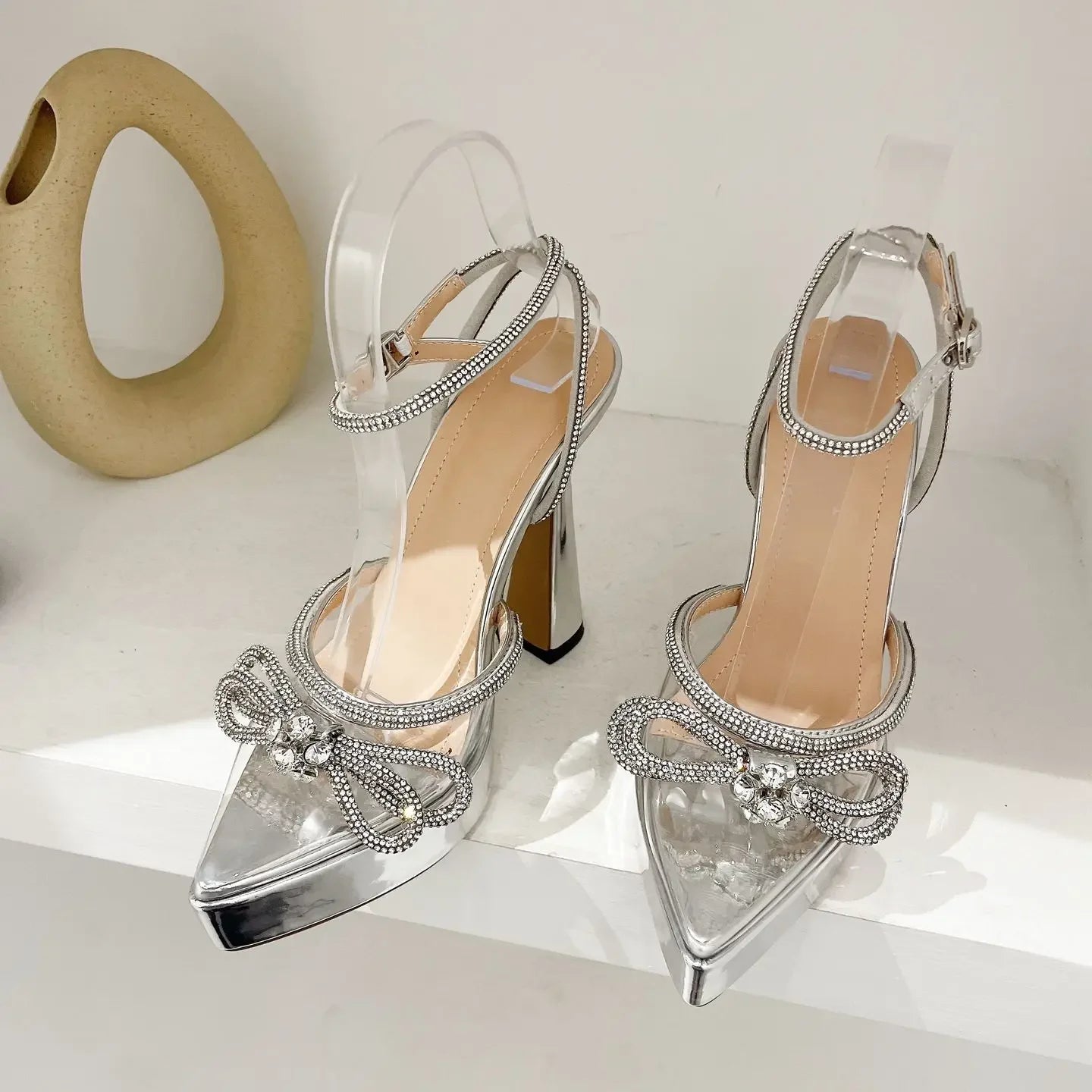 Transparent PVC Cover Toe Sandals Pumps with Crystal Detailing and Butterfly-knot Platform Chunky High Heel Party Wedding Shoes