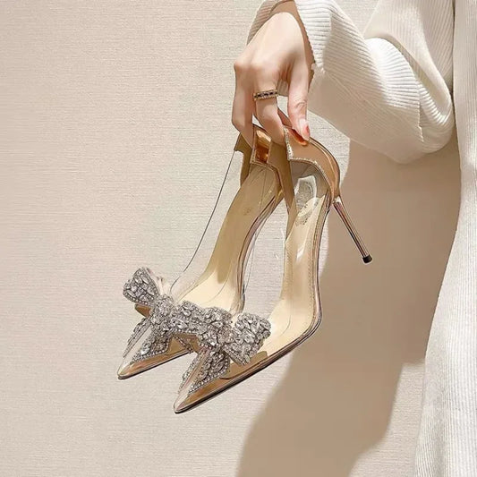 Transparent Rhinestone Butterfly Knot Pointed Toe Wedding High Heels