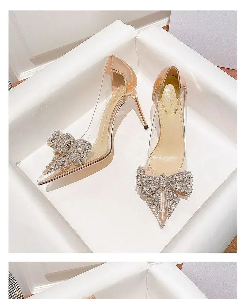 Transparent Rhinestone Butterfly Knot Pointed Toe Wedding High Heels