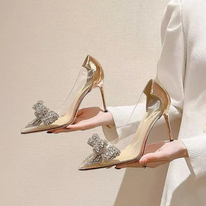 Transparent Rhinestone Butterfly Knot Pointed Toe Wedding High Heels