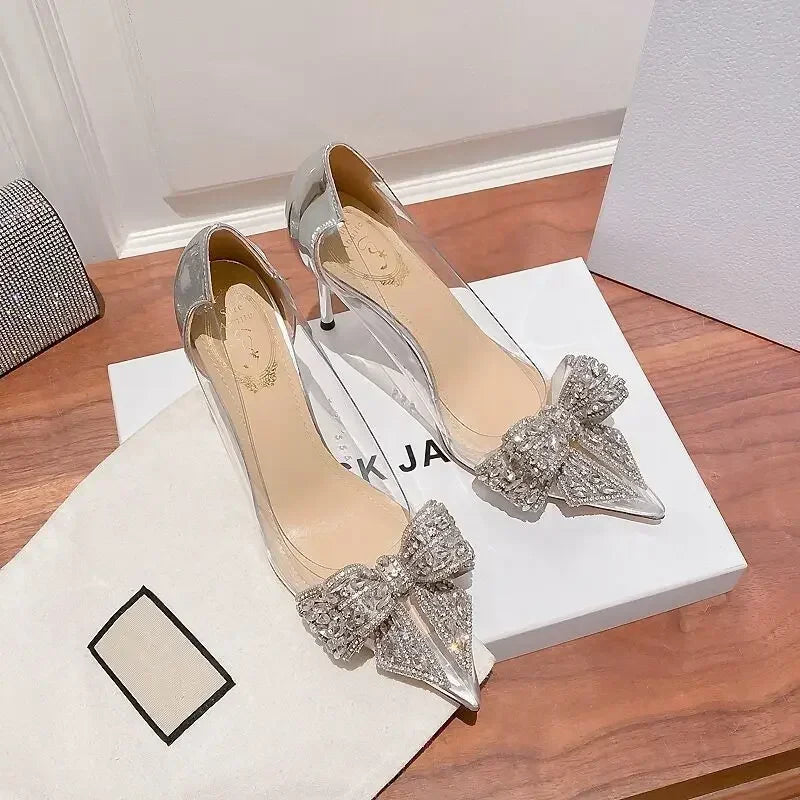 Transparent Rhinestone Butterfly Knot Pointed Toe Wedding High Heels