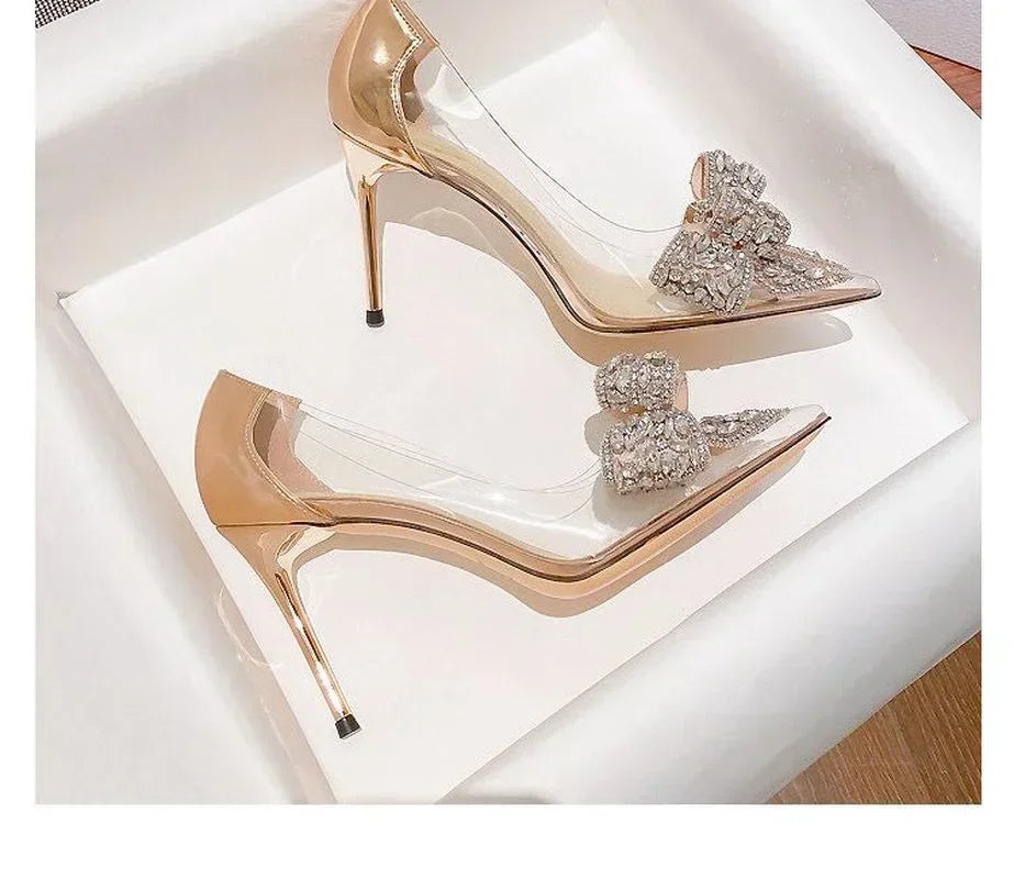 Transparent Rhinestone Butterfly Knot Pointed Toe Wedding High Heels