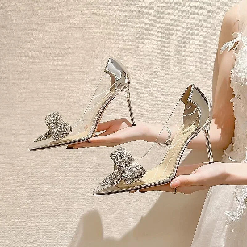 Transparent Rhinestone Butterfly Knot Pointed Toe Wedding High Heels