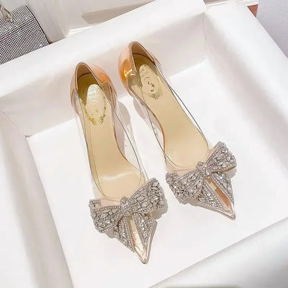 Transparent Rhinestone Butterfly Knot Pointed Toe Wedding High Heels