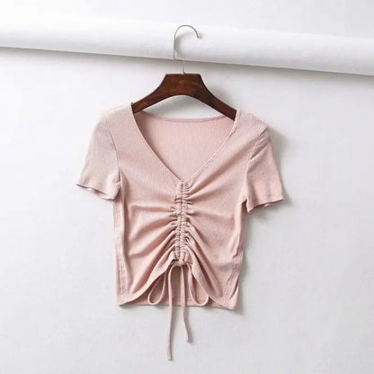 Sexy V Neck Drawstring Tie Up Front Camis Crop Top