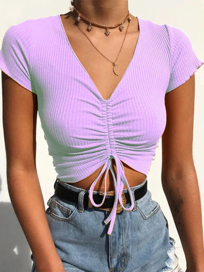 Sexy V Neck Drawstring Tie Up Front Camis Crop Top