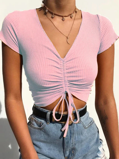 Sexy V Neck Drawstring Tie Up Front Camis Crop Top