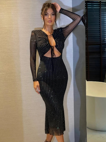 Sexy V Neck Cutout Long Sleeve Glitter Diamonds Black Christmas Party Dress