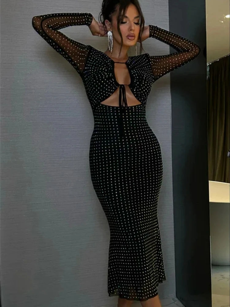 Sexy V Neck Cutout Long Sleeve Glitter Diamonds Black Christmas Party Dress