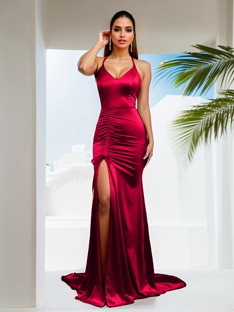 V-Neck Sleeveless Satin Party Dress Partydress-241208