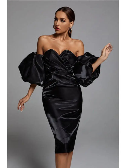 Sexy V-neck Strapless Puff Sleeve Satin Midi Off Shoulder Christmas Party Dress