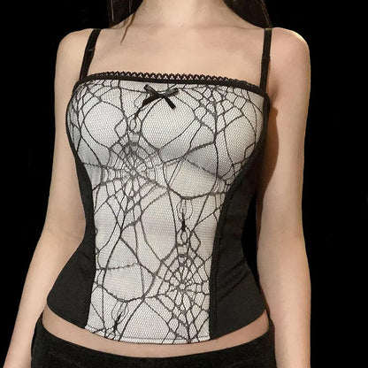 Sexy Spider Web Lace Patchwork Gothic Punk Sleeveless Square Collar Trendy Stylish Crop Top