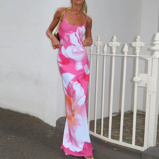 Tie-dye Print Suspender Backless Sling Long SlimBodayxon Beach Holiday Floral Dress