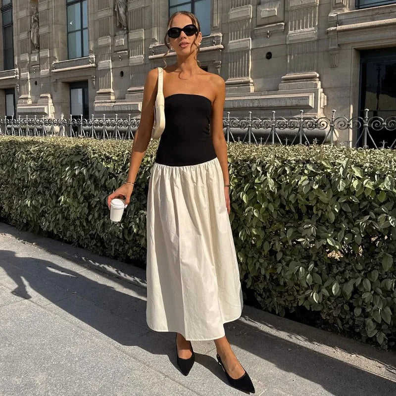 Black And White Charming Colorblock Tube Maxi Dress Open Shoulder Midi