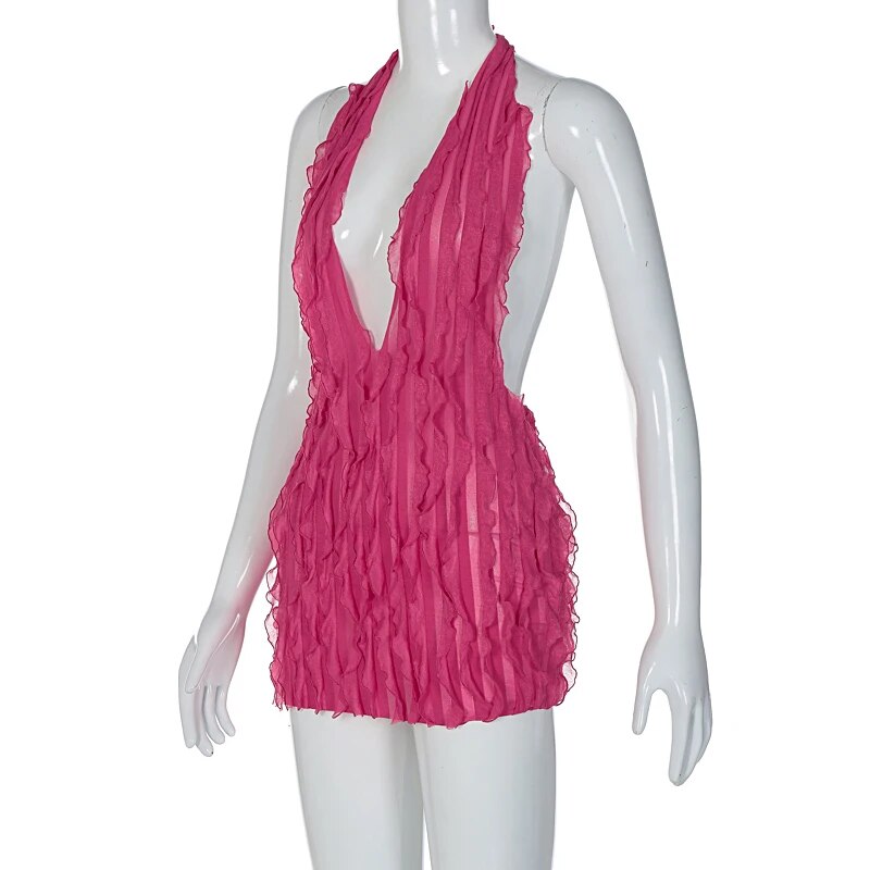 Pink Ruffles Deep Charming V-Neck Mini Dress