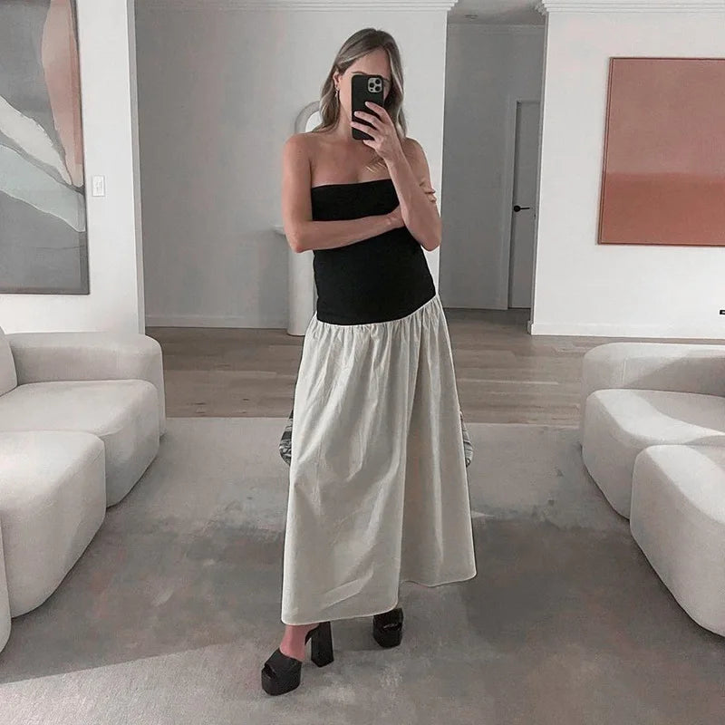 Black And White Charming Colorblock Tube Maxi Dress Open Shoulder Midi