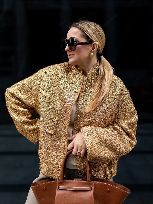 Golden Sequins Bomber Short Coat