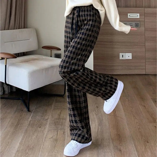 Plaid Drawstring Casual Wide Leg Pants