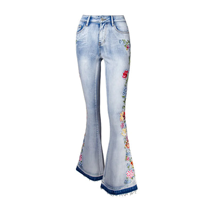 Size S-4XL Elastic Flower Embroidered Flare Womens Retro Style Bell Bottom Skinny Autumn Denim Women Jean