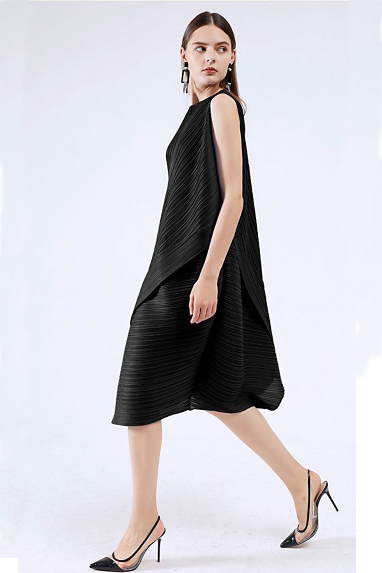 Sleeveless Pleated Midi Dress with Irregular Hem