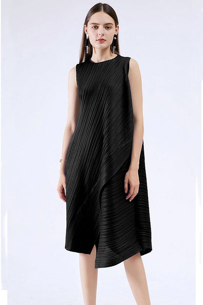 Sleeveless Pleated Midi Dress with Irregular Hem