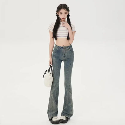 Small American Retro Micro Flared High Waisted Slim Versatile Floor Mop Jean