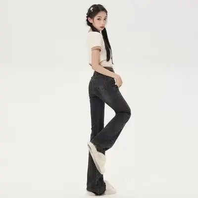 Small American Retro Micro Flared High Waisted Slim Versatile Floor Mop Jean