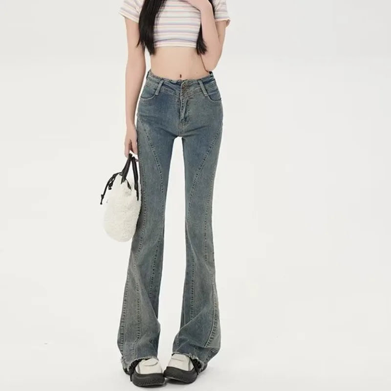 Small American Retro Micro Flared High Waisted Slim Versatile Floor Mop Jean