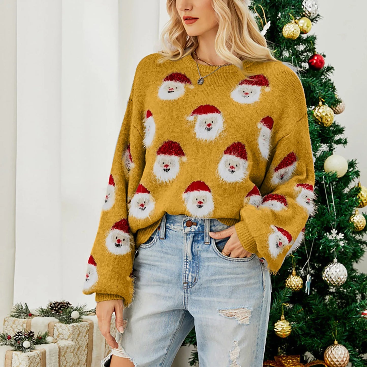 Soft Funny Christmas Santa Claus Print Loose Round Neck Knitted Christmas Sweater