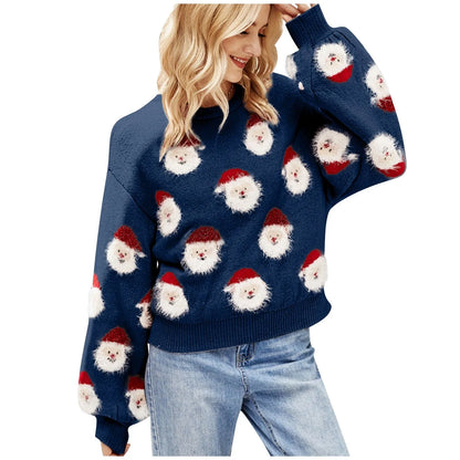 Soft Funny Christmas Santa Claus Print Loose Round Neck Knitted Christmas Sweater