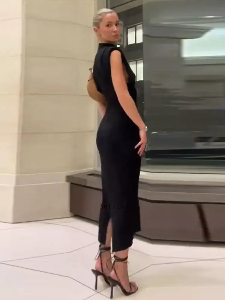 Solid Chic High Waisted Sexy Rear Split Office Lady Commuting Midi Dress