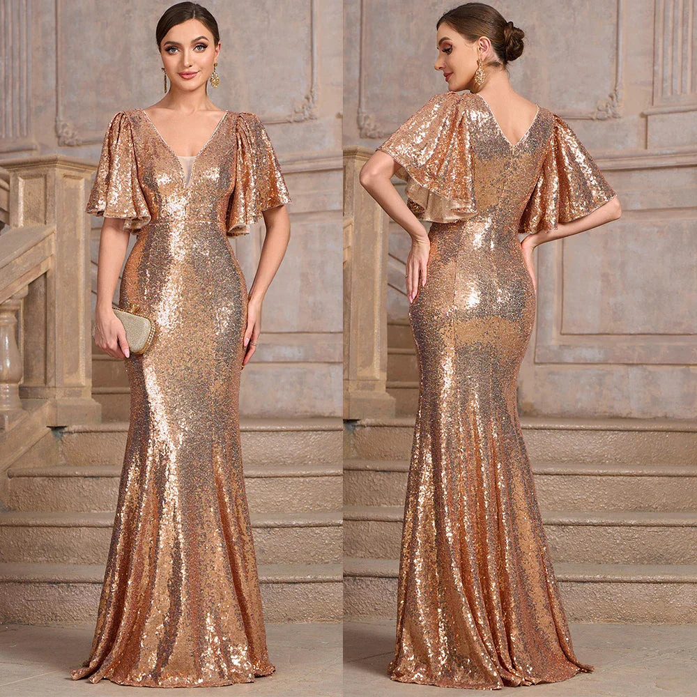 Sexy V-Neck Sequins Mermaid Party Dress Champagne / S Partydress-241208