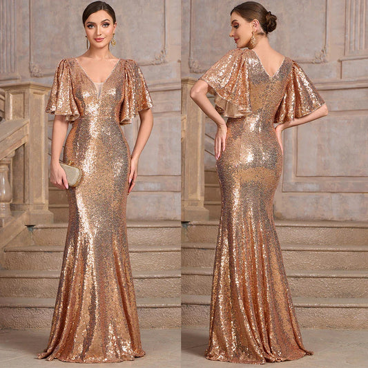 Sexy V-Neck Sequins Mermaid Party Dress Champagne / S Partydress-241208