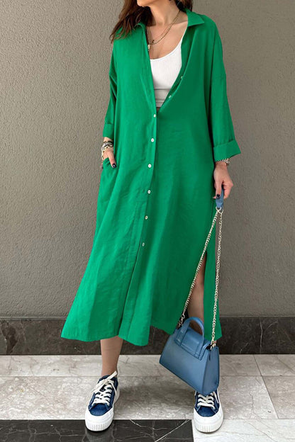 Single-breasted Slit Shirt Dress in Solid Color