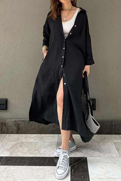 Single-breasted Slit Shirt Dress in Solid Color