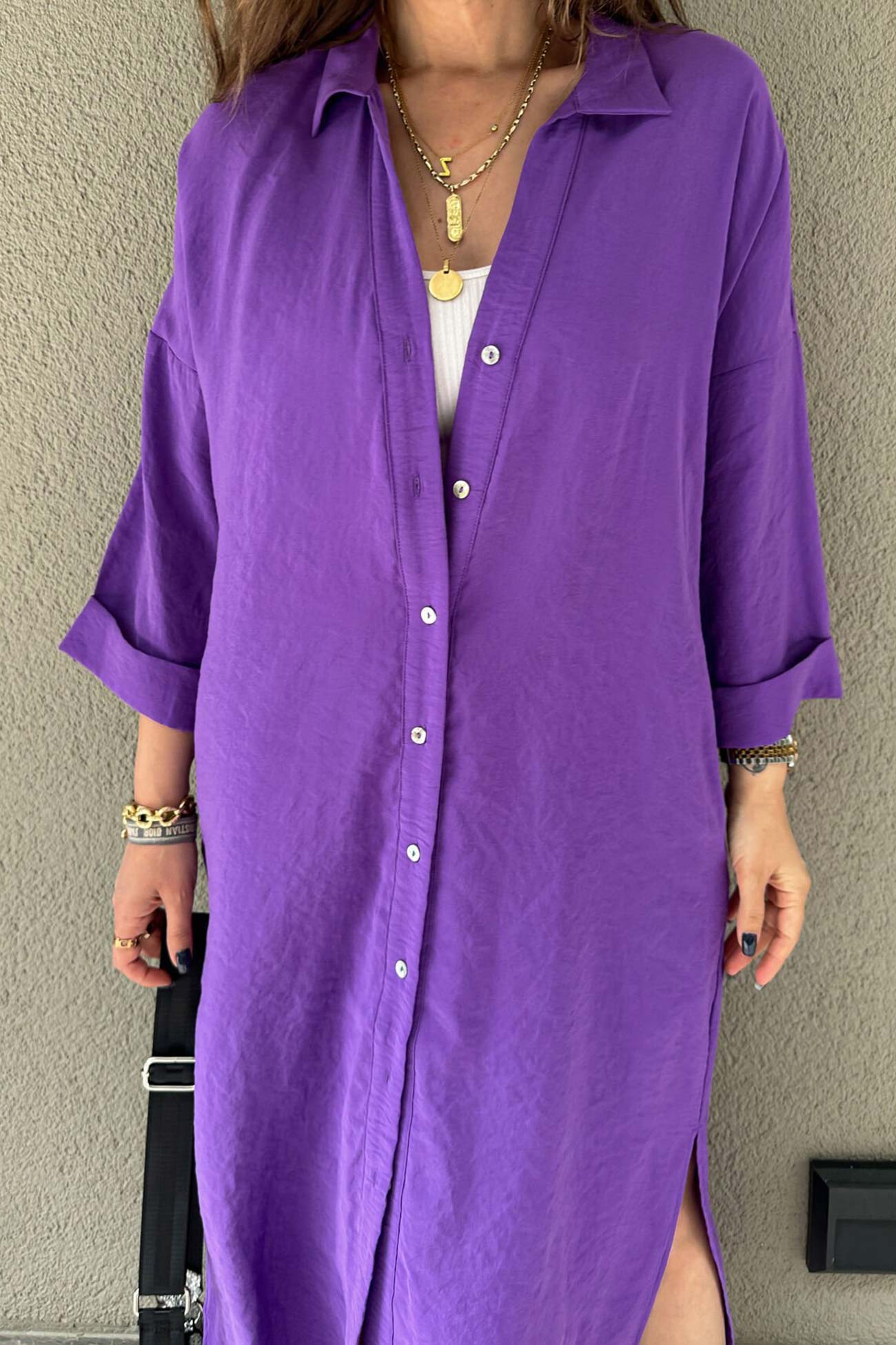 Single-breasted Slit Shirt Dress in Solid Color