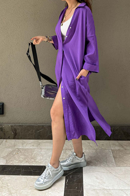 Single-breasted Slit Shirt Dress in Solid Color