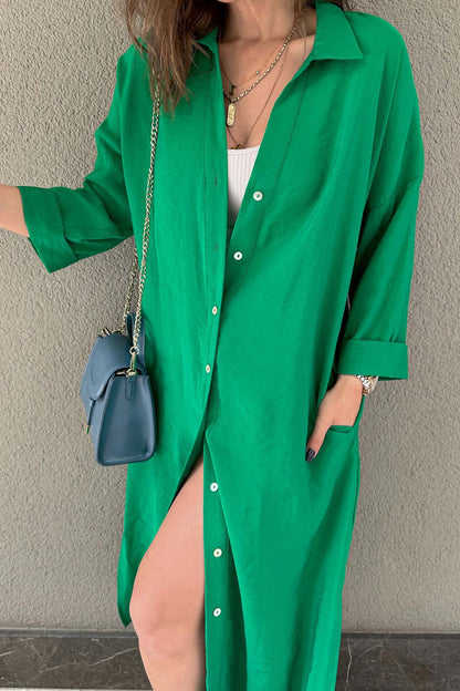 Single-breasted Slit Shirt Dress in Solid Color