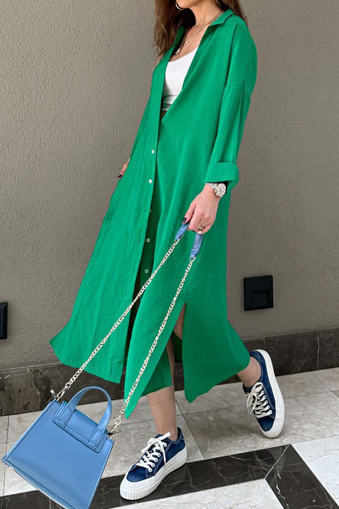 Single-breasted Slit Shirt Dress in Solid Color