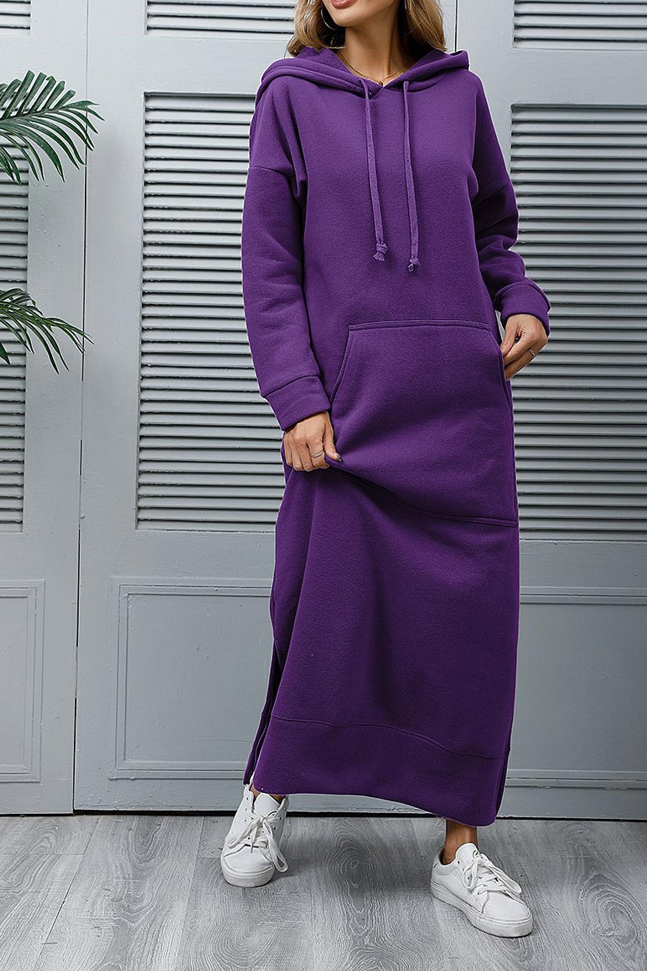 Pocketed Slit Hem Hoodie Dress