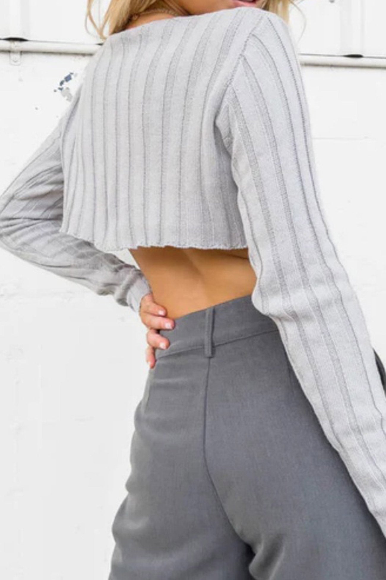 Ribbed Cropped Neck Crew Sweater