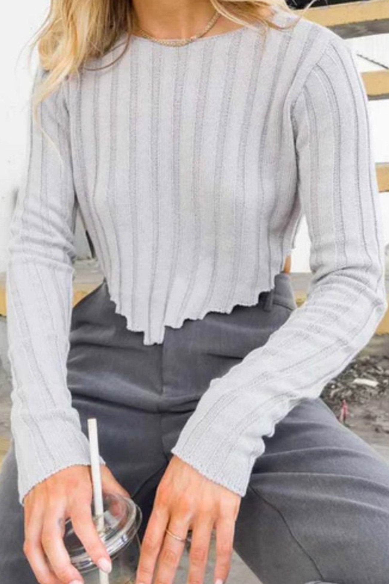 Ribbed Cropped Neck Crew Sweater