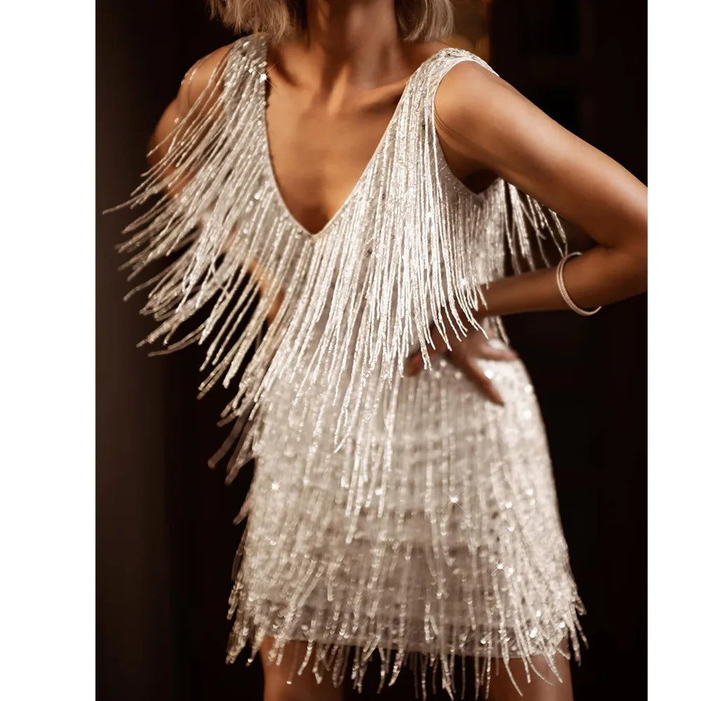 Tassel Sequins White Mini Dress