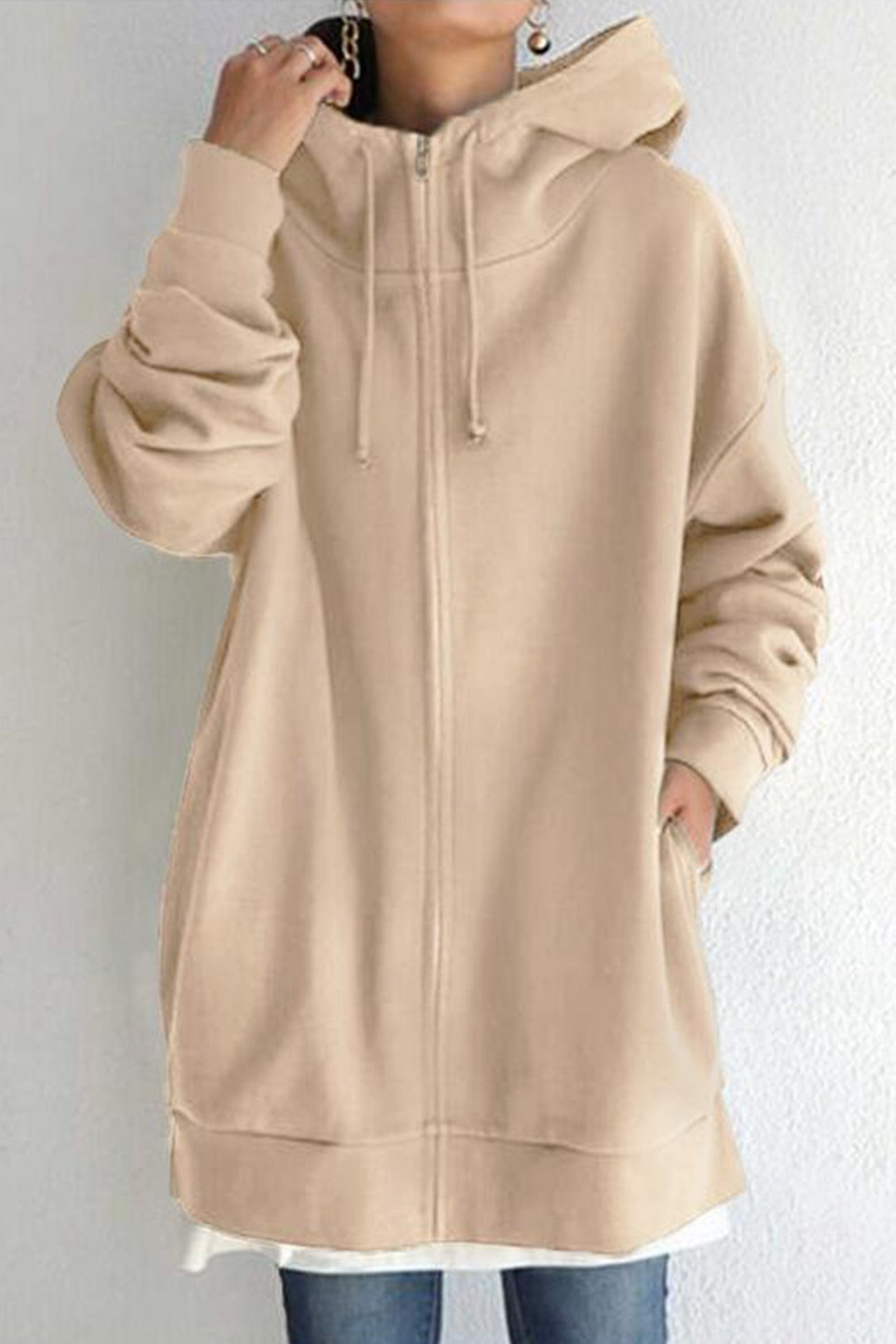 Color Hoodie Zipper Solid - Mid-length