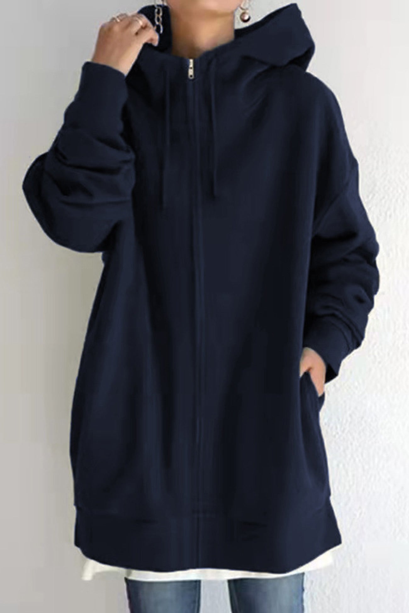 Color Hoodie Zipper Solid - Mid-length