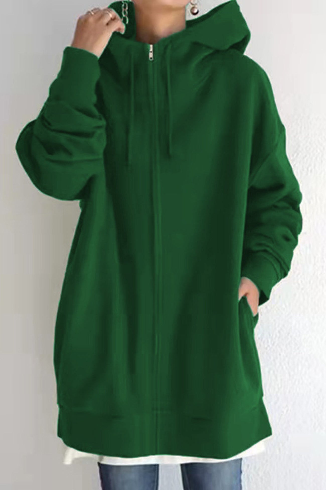 Color Hoodie Zipper Solid - Mid-length